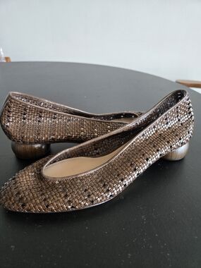 Massimo Dutti Brown Woven Leather Statement Wood Block Heel Pumps 37